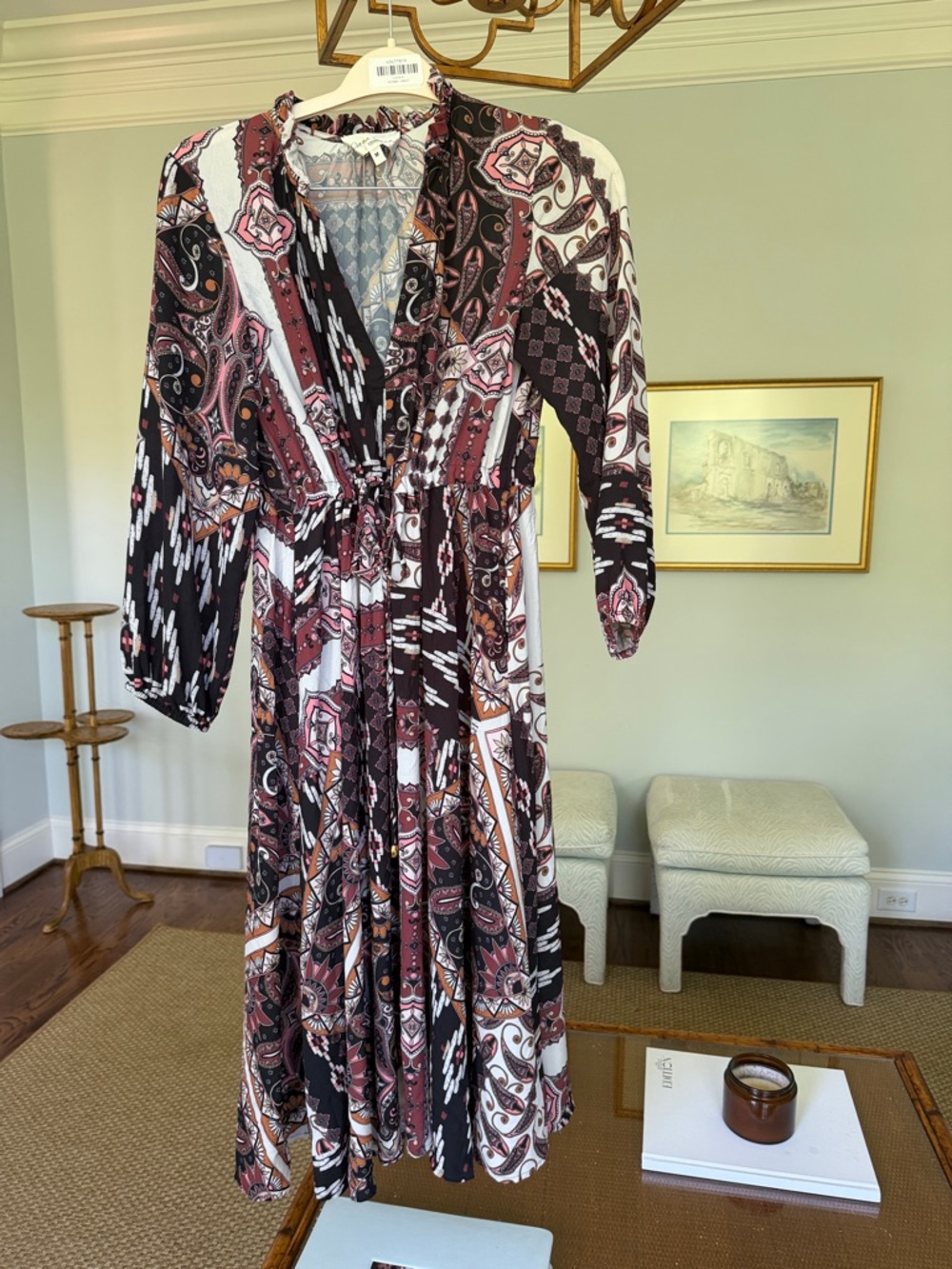 Cara Cara Printed V‑Neck Long Sleeve Midi Dress in Black, Brown & White